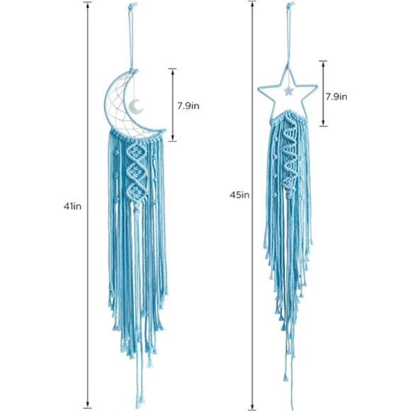 2pcs Blue Star and Moon Dream Catchers,Teen Girl Room Decor,Macrame Wall Hanging - Picture 3 of 6